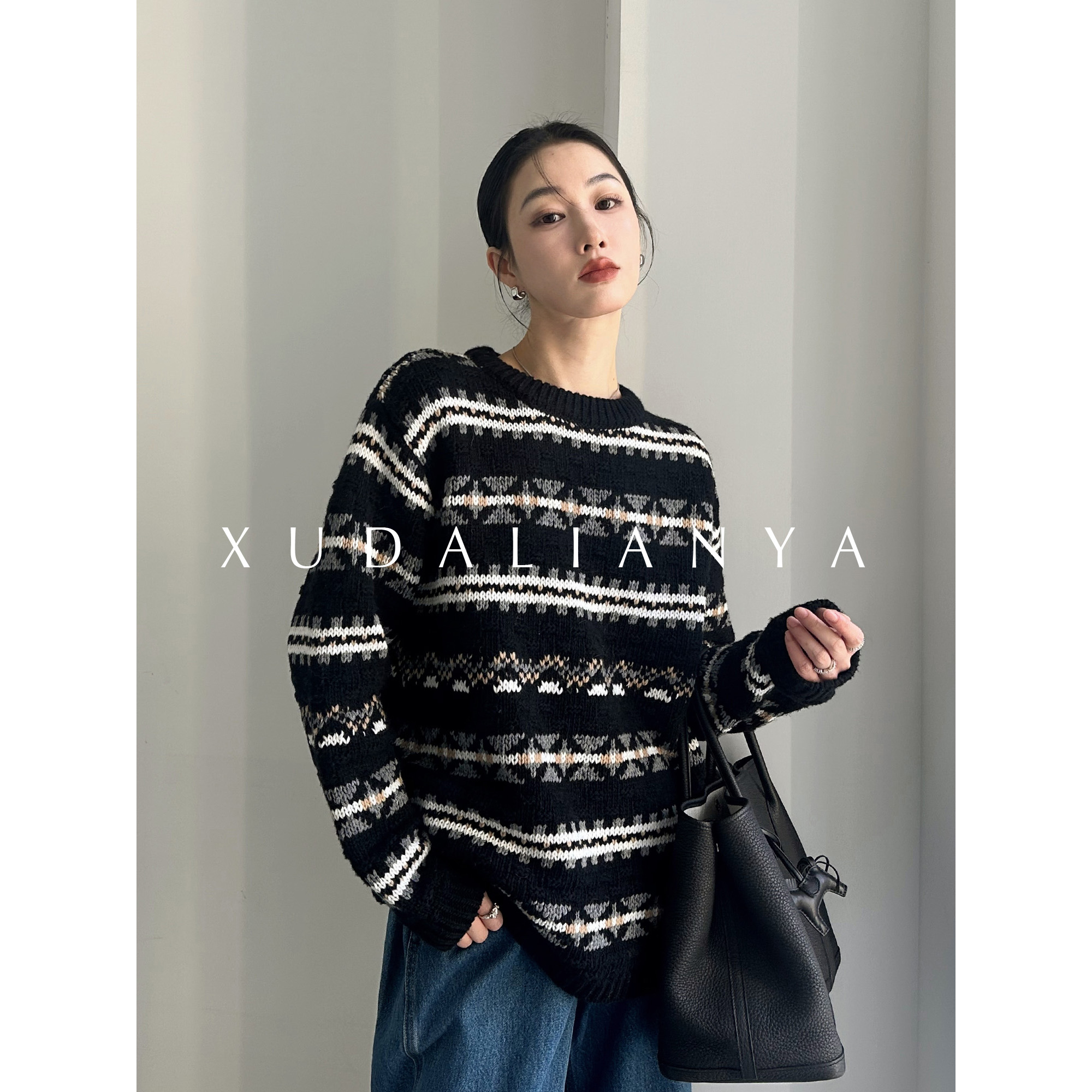 徐大脸吖定制 费尔岛毛衣秋冬女提花羊毛慵懒宽松圆领针织衫上衣