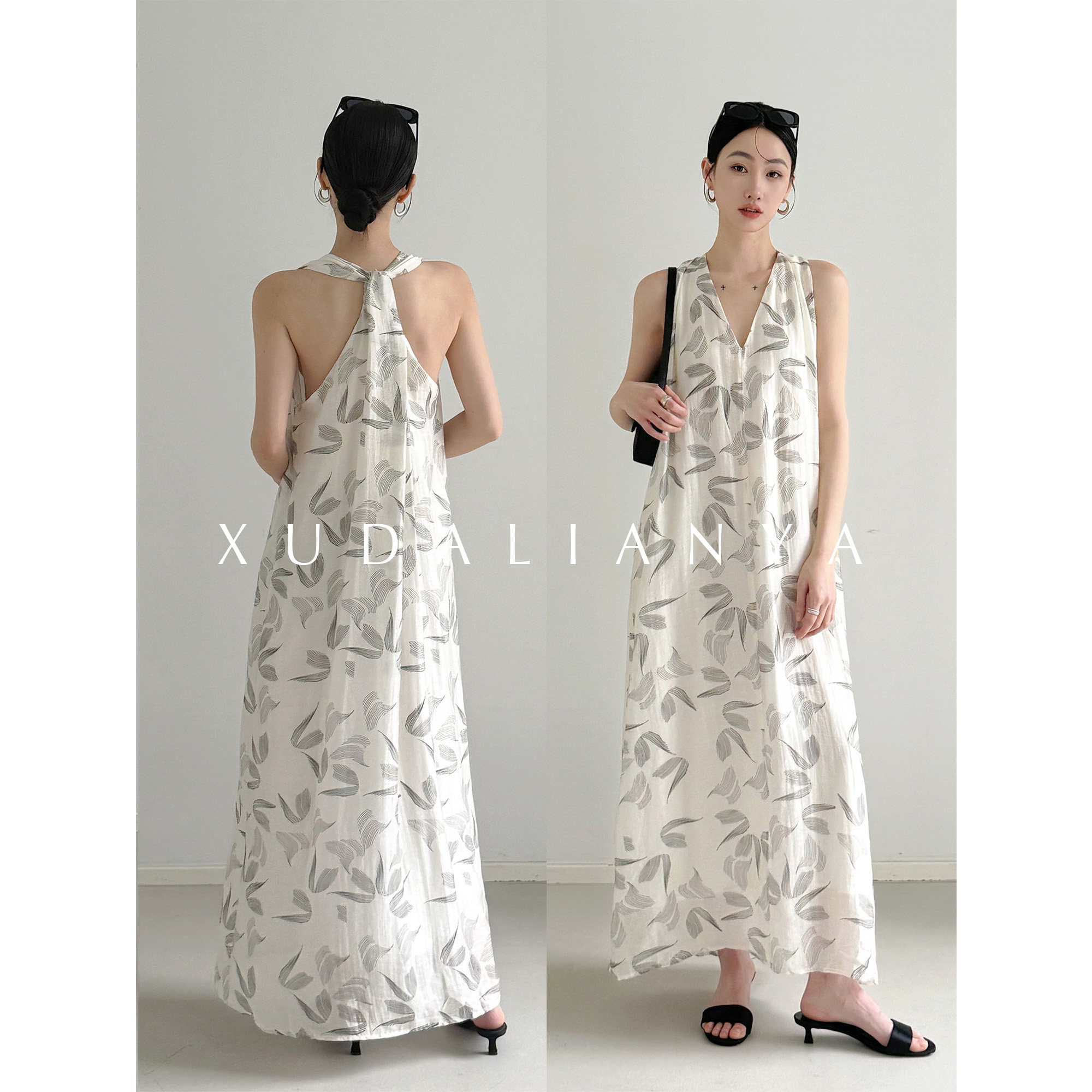 徐大脸吖定制 轻盈天丝亚麻露背扭结度假长裙夏v领无袖印花连衣裙