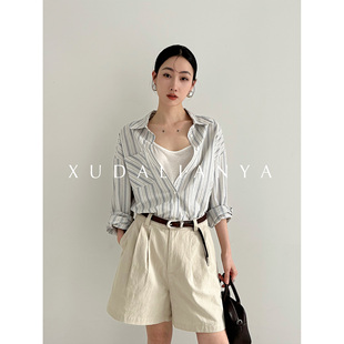 衬衫 徐大脸吖定制 清爽蓝白撞色条纹上衣春女长绒棉叠穿宽松长袖