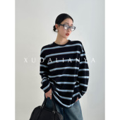 T上衣 条纹长袖 徐大脸吖定制 chic复古撞色宽松早春薄慵懒美式