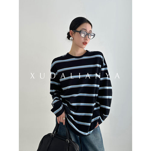 徐大脸吖定制 chic复古撞色宽松早春薄慵懒美式条纹长袖T上衣