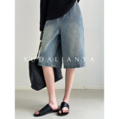 美式 复古做旧水洗五分休闲短裤 子春夏中裤 徐大脸吖定制 女牛仔裤