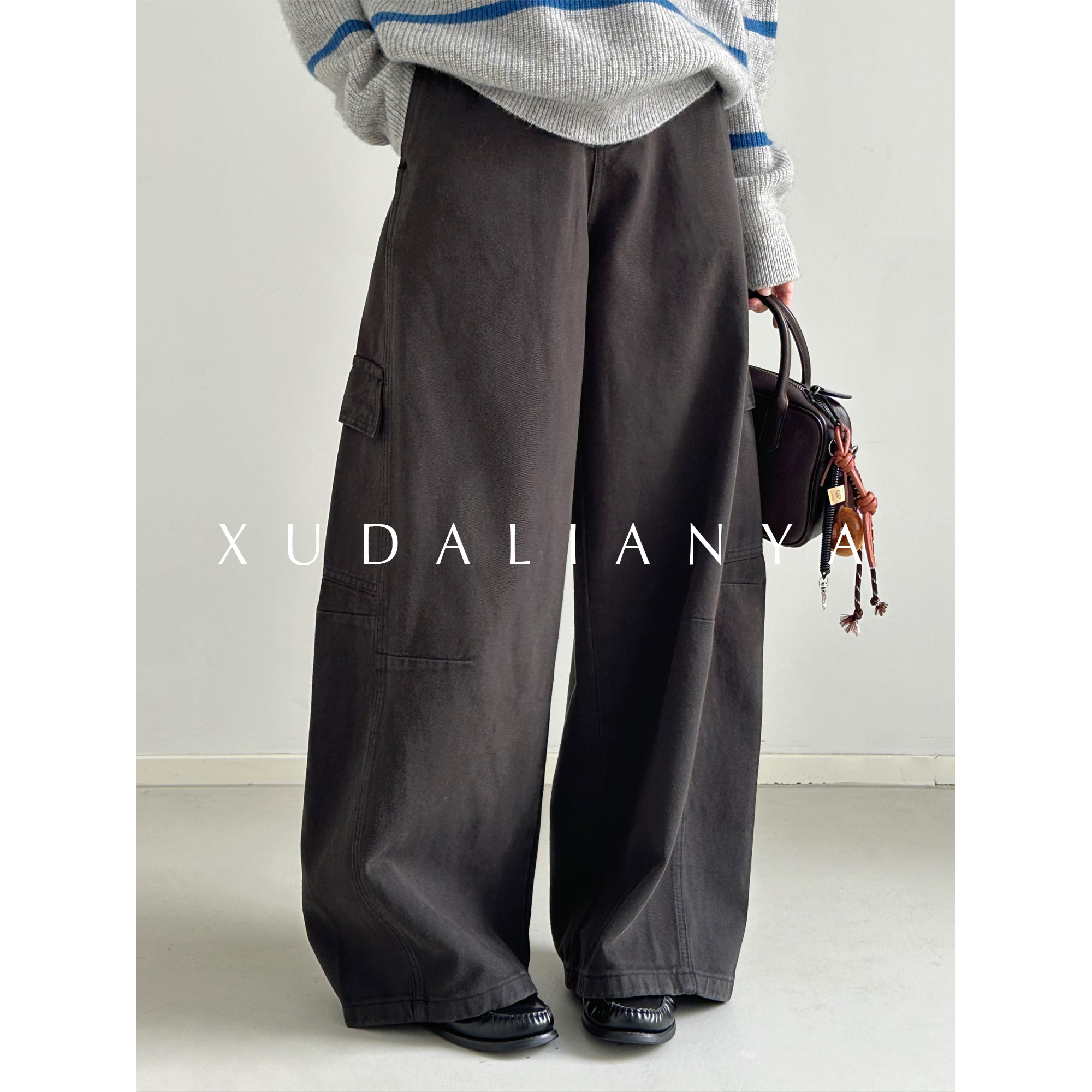 徐大脸吖定制 痞帅新疆长绒棉工装阔腿裤秋冬休闲高腰直筒裤子女