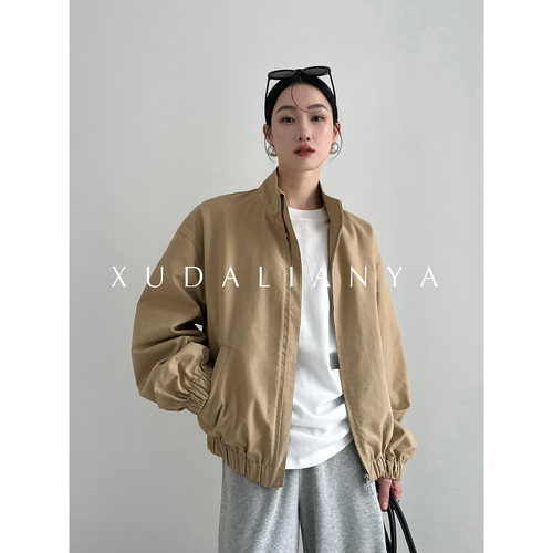 徐大脸吖定制 美式复古巴恩风立领飞行夹克春秋拉链工装短外套女