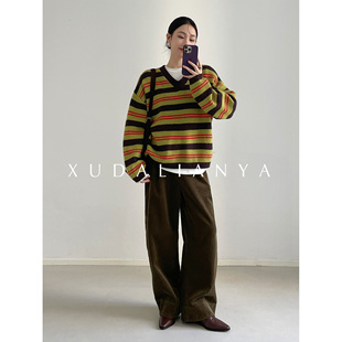 徐大脸吖定制 100%澳洲羊毛针织秋冬复古撞色彩条纹V领廓形毛衣女