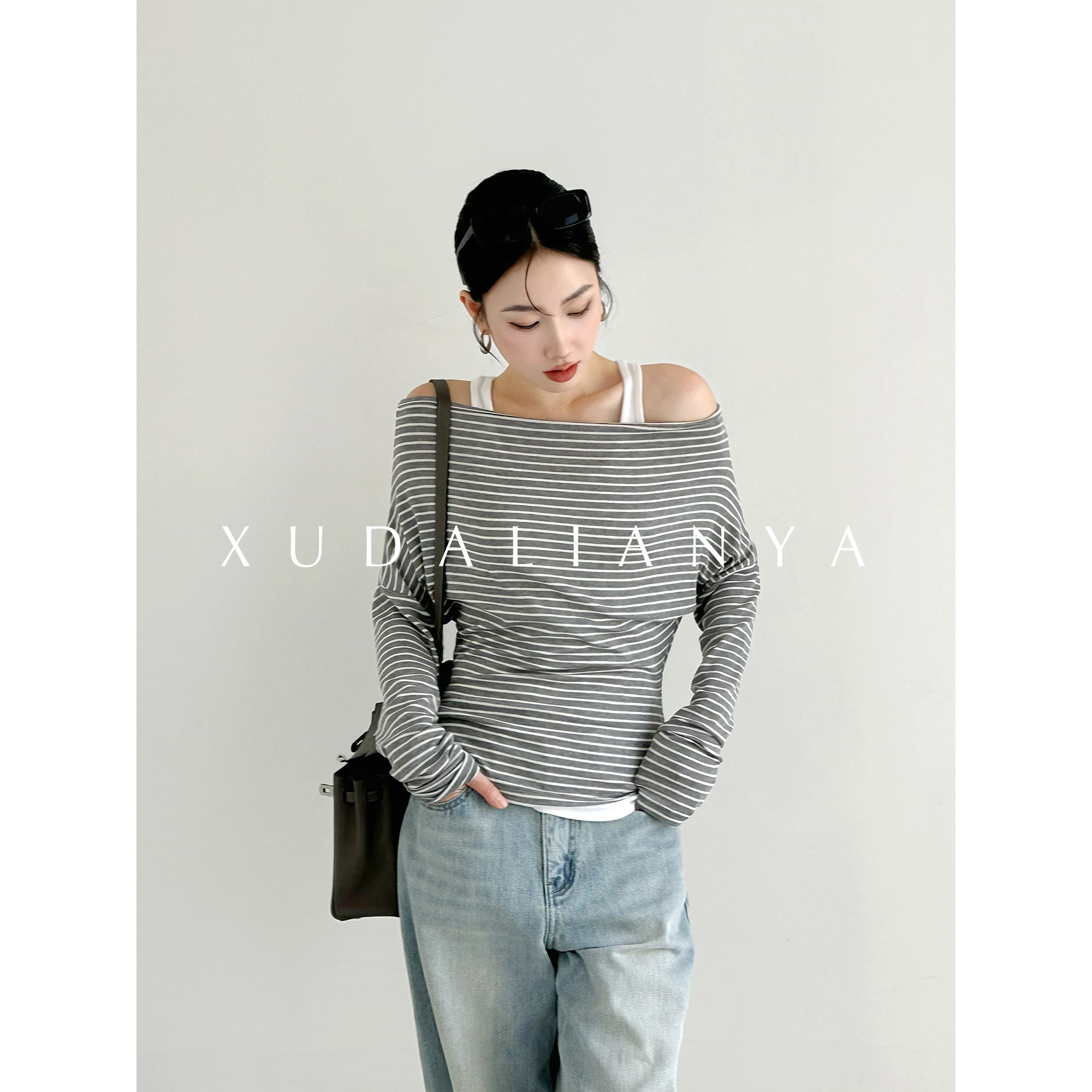 徐大脸吖定制 掐腰假两件套内搭外穿背心/天丝羊毛条纹针织衫上衣