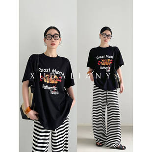 徐大脸吖定制 T恤女 重磅透气纯棉春夏松弛感百搭休闲宽松印花短袖