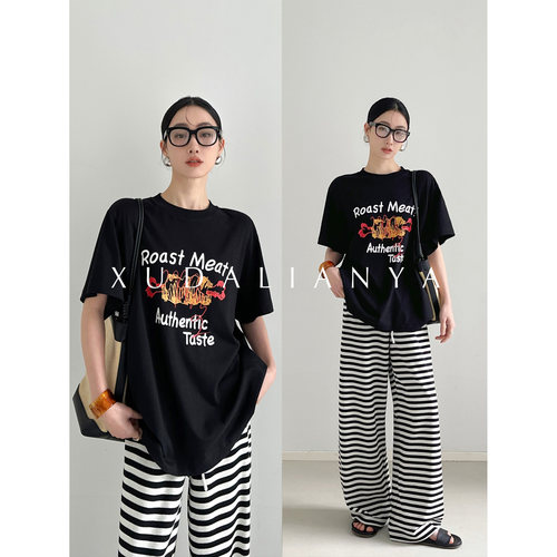 徐大脸吖定制 重磅透气纯棉春夏松弛感百搭休闲宽松印花短袖T恤女