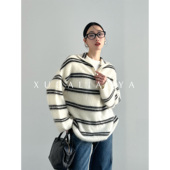 徐大脸吖定制 慵懒感100羊毛秋冬软糯拉绒连帽拉链松弛条纹毛衣女