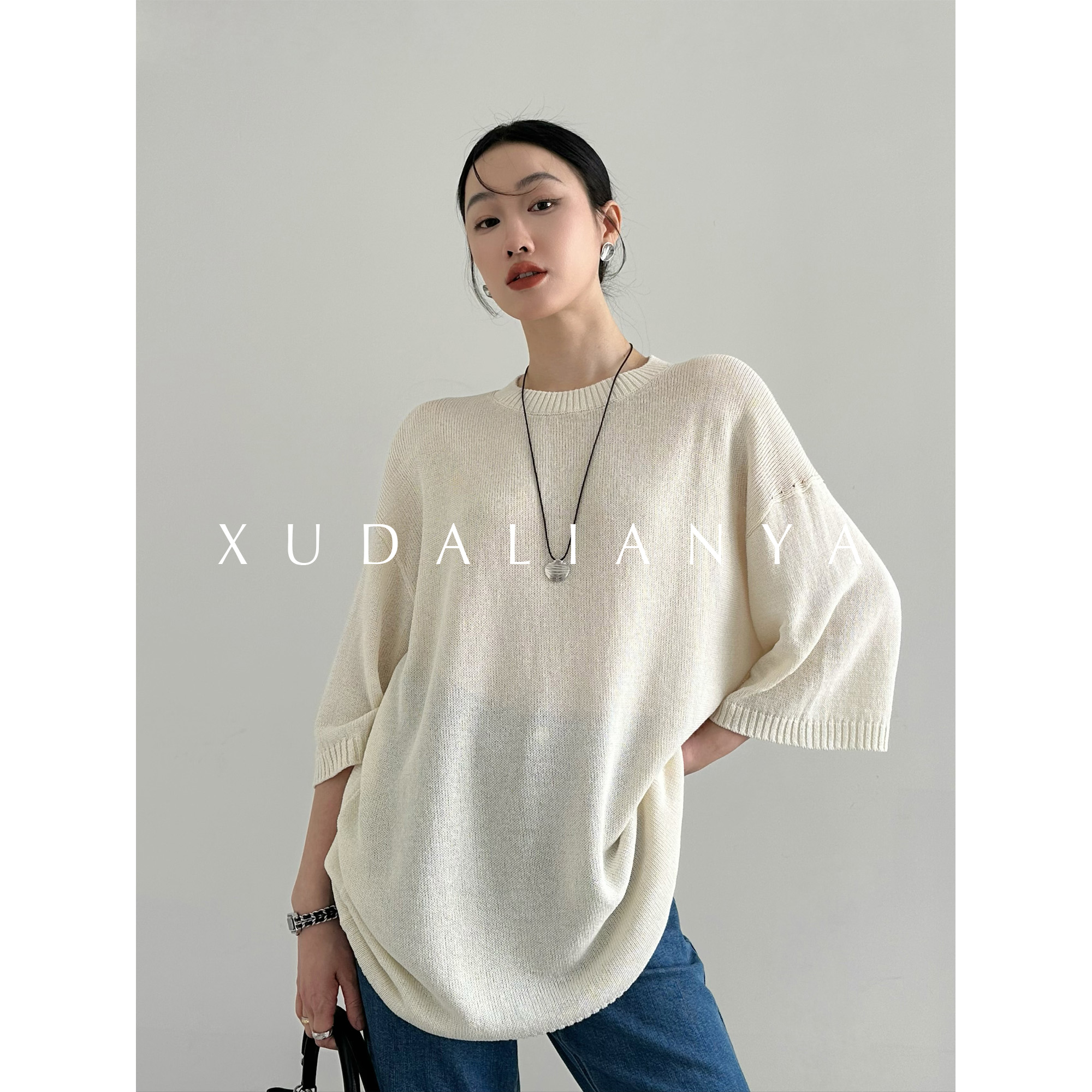 徐大脸吖定制 干爽透气亚麻混纱针织衫夏宽松圆领短袖T恤女上衣
