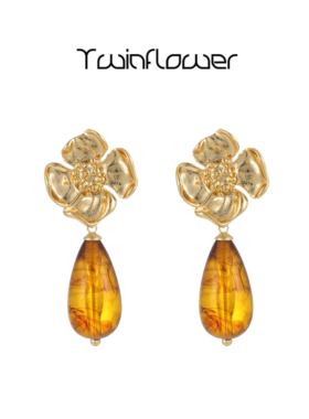 twinflower 复古花朵琥珀水滴耳钉高级感轻奢耳环女小众气质耳饰