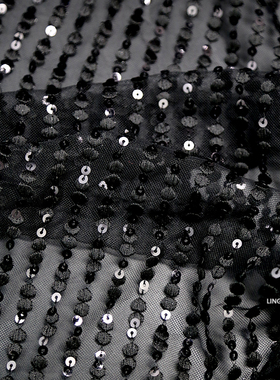 重工黑色软网纱亮片绣花布料蕾丝网布刺绣服装吊带连衣裙时装面料