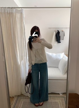 温柔百搭假两件蝴蝶结提花条纹针织衫 红腰带牛仔阔腿裤