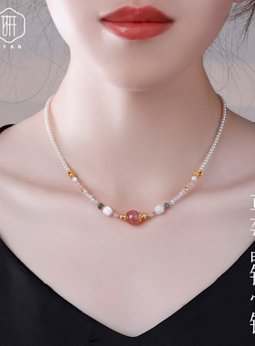 绿萤石吊坠全珠项链仿珍珠毛衣链女白蝶贝配饰气质百搭串珠锁骨链