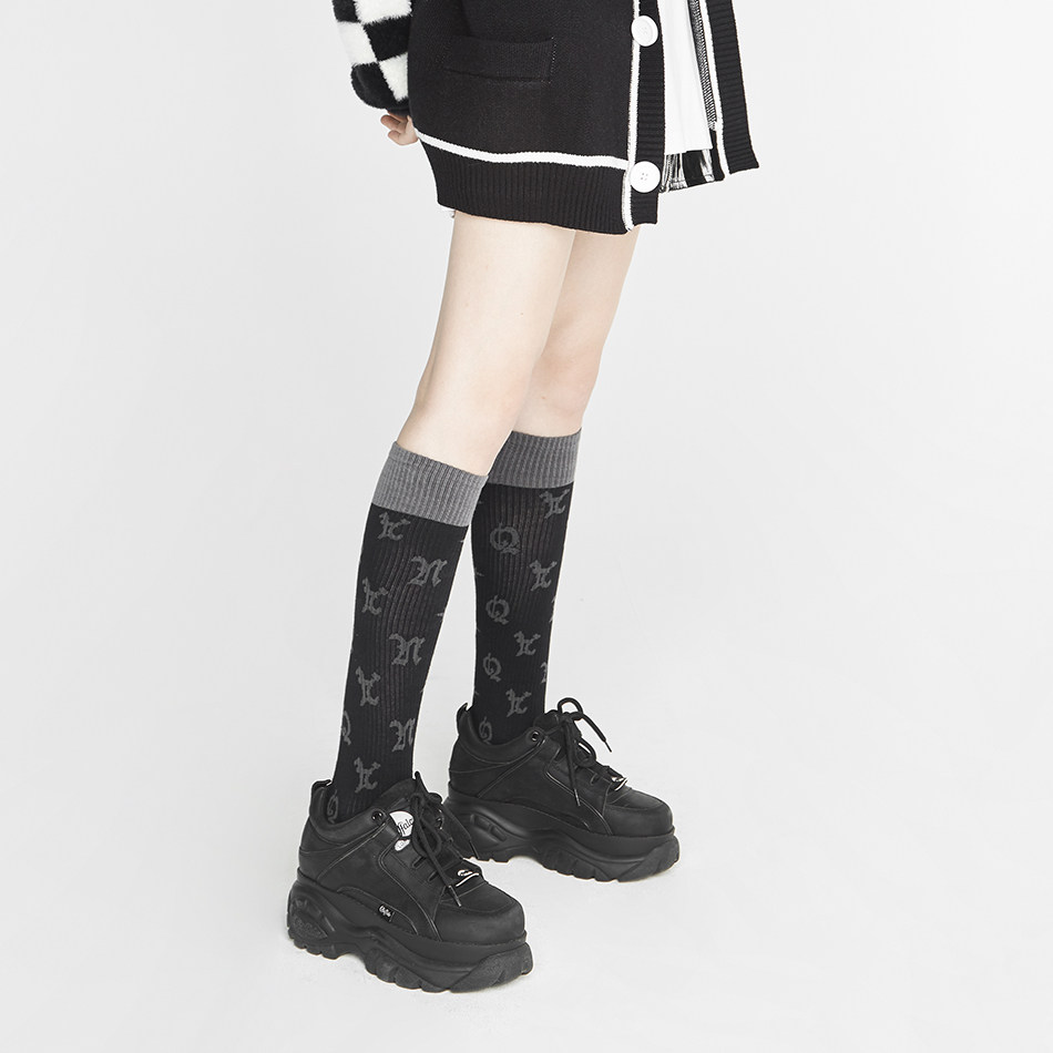 anyquestion/黑灰提花字母 罗纹精梳棉高筒袜小腿袜