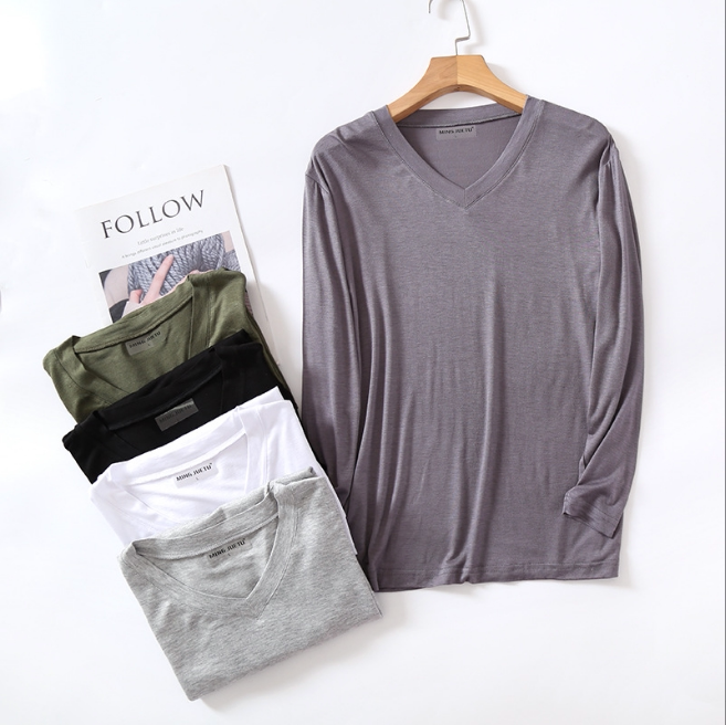 夏莫代尔v领长袖t恤男 薄款纯色打底衫加肥大码休闲纯棉圆领秋衣