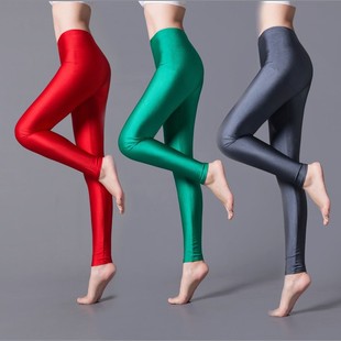 光泽裤女薄款打底裤夏秋季冰丝紧身裤荧光糖果彩色九分健美裤外穿