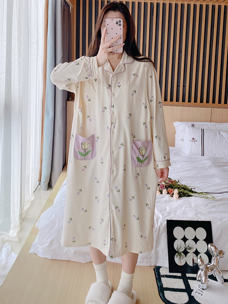 봄 여름 가을 산후수유용 가슴패드가 있는 얇은 순면 수유잠옷 수유복 산전 잠옷복