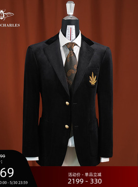 【秋冬新品】布雷泽枫叶徽章高级丝绒晚宴黑色西服气质西装外套男