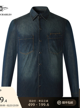 GIEVES CHARLES男士复古美式休闲牛仔衬衫深蓝色长袖外套男潮春秋