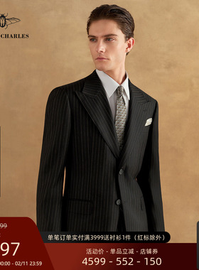 【卓雅系列】1881进口面料110S纯羊毛黑色金线条纹商务西服套装男