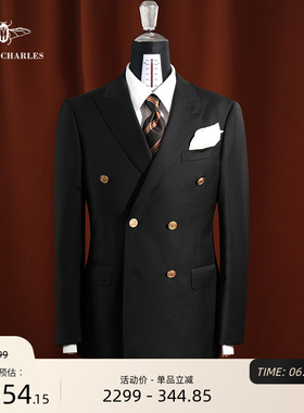 【经典布雷泽】黑色羊毛双排金扣布雷泽西服商务正装休闲西服男
