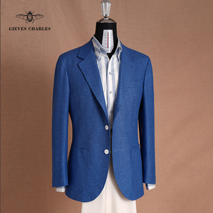 男 手工高定西服宝蓝色休闲羊毛蚕丝混纺西装 1881意大利面料