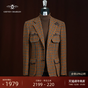 西服复古羊反绒休闲保暖外套 纯羊毛橙色千鸟格时尚 25秋冬新品