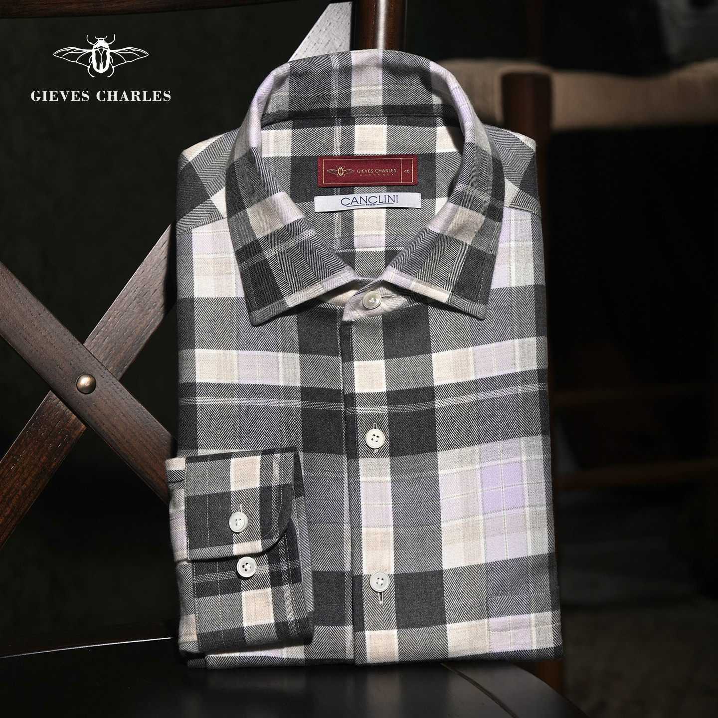 【卓雅系列】进口CANCLINI面料一片领苏格兰格纹商务休闲长袖衬衫