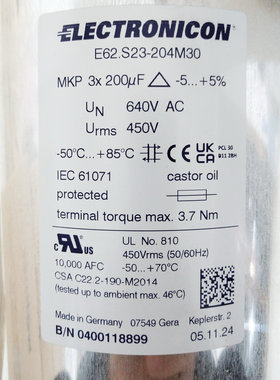 E62.S23-204M30 电容 PE_3x200µF_640AC_136x230_MB_oil 450vac