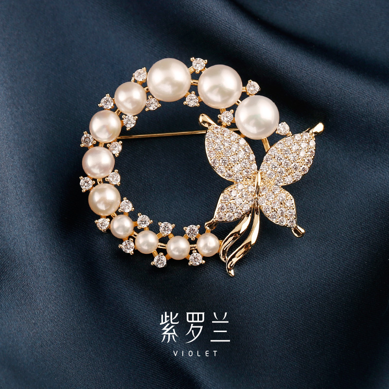 紫罗兰流蝶珍珠胸针高档女奢华