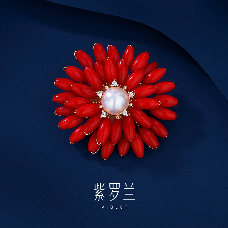 紫罗兰甜美珍珠女珊瑚花胸针