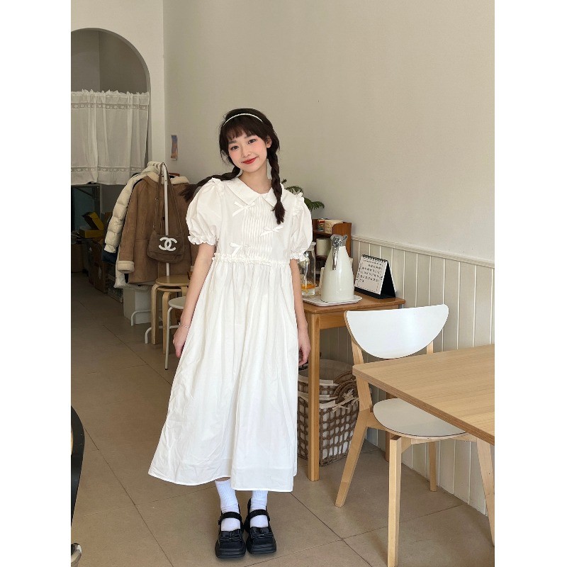 初恋甜美学院风裙子日系可爱白泡泡袖复古学生宽松娃娃领连衣裙夏图片