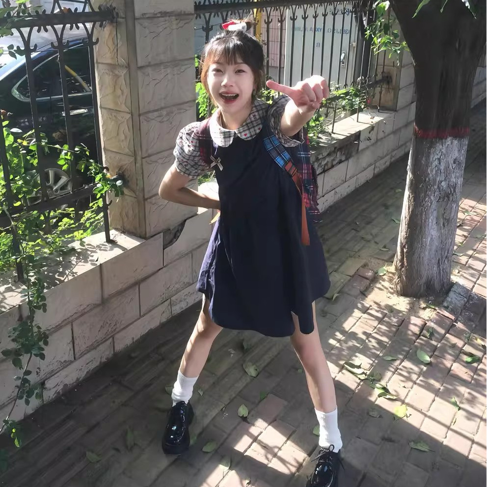 韩系氛围感穿搭学院风连衣裙女夏季森系甜美小清新假两件气质裙子