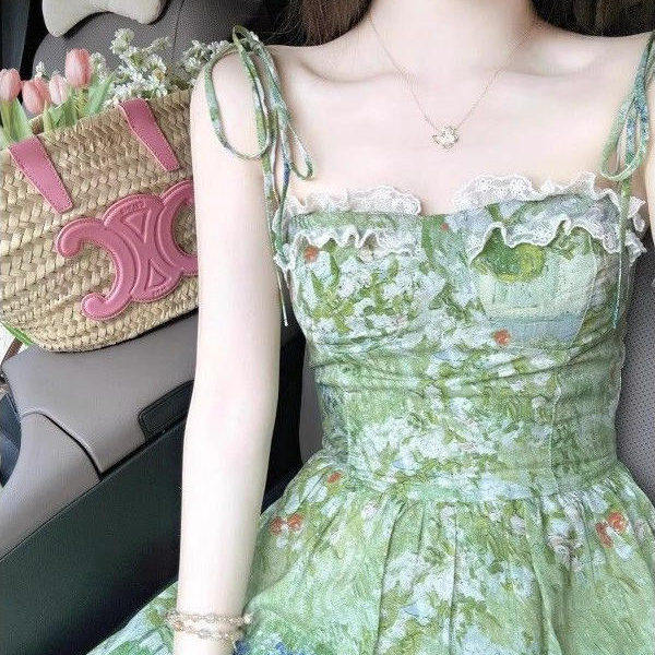 2025夏季新款穿搭一整套韩系碎花连衣裙中长款女蕾丝束腰显瘦裙子