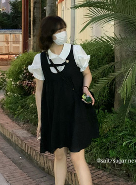夏季法式学生甜美女设计感小众荷叶边娃娃领衬衫假两件短袖连衣裙