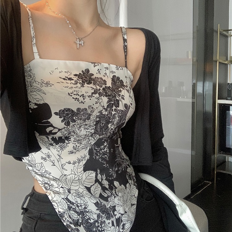 中国风辣妹水墨印花吊带背心女夏修身不规则设计感开衫上衣两件套