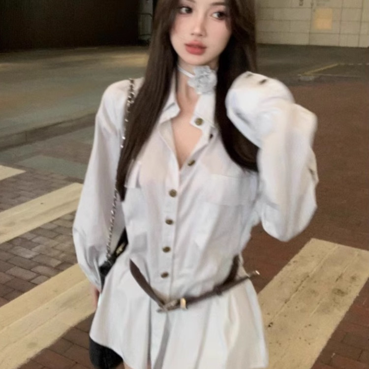 2025春秋新款polo领衬衫连衣裙女设计感长袖衬衣裙子收腰a字短裙