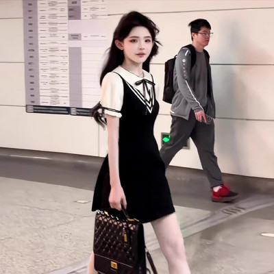 学院风连衣裙假两件女学生夏季小个子polo领拼接收腰显高显瘦短裙