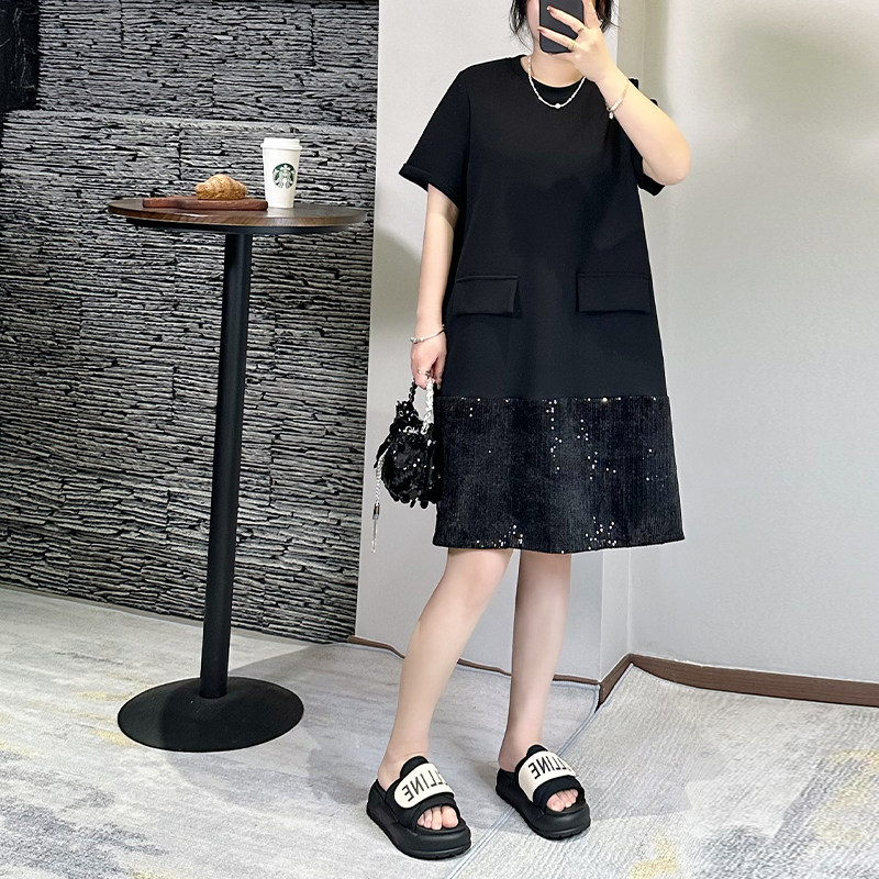 黑色短袖T恤连衣裙女夏2025新款韩系假两件设计感宽松盐系亮片裙