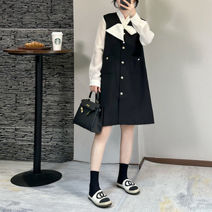 小香风撞色拼接连衣裙女2025秋季新款宽松长袖小个子裙子大码胖mm