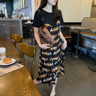 2025夏装新款大码女装胖mm裙子T恤裙碎花假两件显瘦雪纺连衣裙女