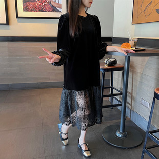 长款2024秋冬金丝绒黑色打底大码胖mm巨显瘦连衣裙赫本风黑色潮