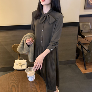 2025春秋新款女装宽松大码长袖梗桔连衣裙法式小众气质百褶裙子女