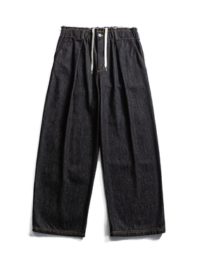 2025黑色纯色牛仔裤男春秋新款松紧系带宽松直筒工装水洗复古长裤