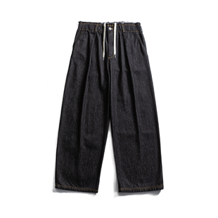 2025黑色纯色牛仔裤 松紧系带宽松直筒工装 水洗复古长裤 男春秋新款