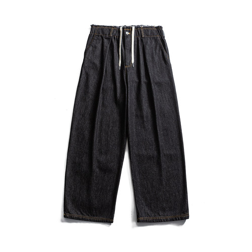 2025黑色纯色牛仔裤男春秋新款松紧系带宽松直筒工装水洗复古长裤