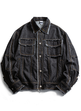 水洗做旧牛仔外套男女秋季新款翻领毛边上衣复古口袋休闲男士夹克
