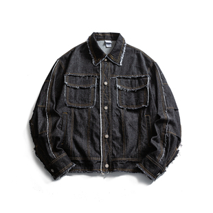 翻领毛边上衣复古口袋休闲男士 夹克 新款 水洗做旧牛仔外套男女秋季