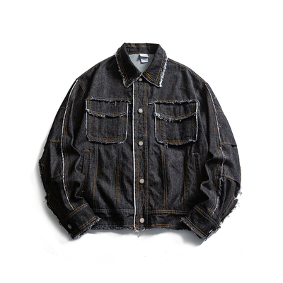 水洗做旧牛仔外套男女秋季新款翻领毛边上衣复古口袋休闲男士夹克